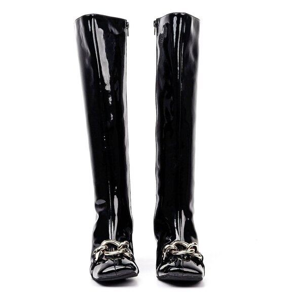 Jeffrey Campbell Women Patt Black Vegan Patent Chain Link fashion Knee Boots 8.5 - Picture 2 of 9